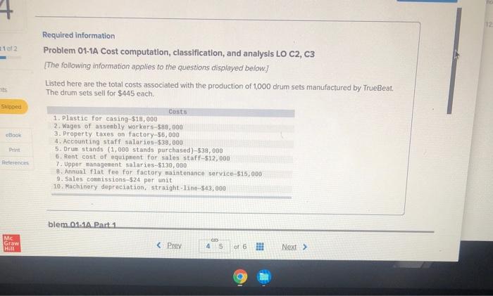  4 12 102 Required information Problem 01-1A Cost computation, classification, and