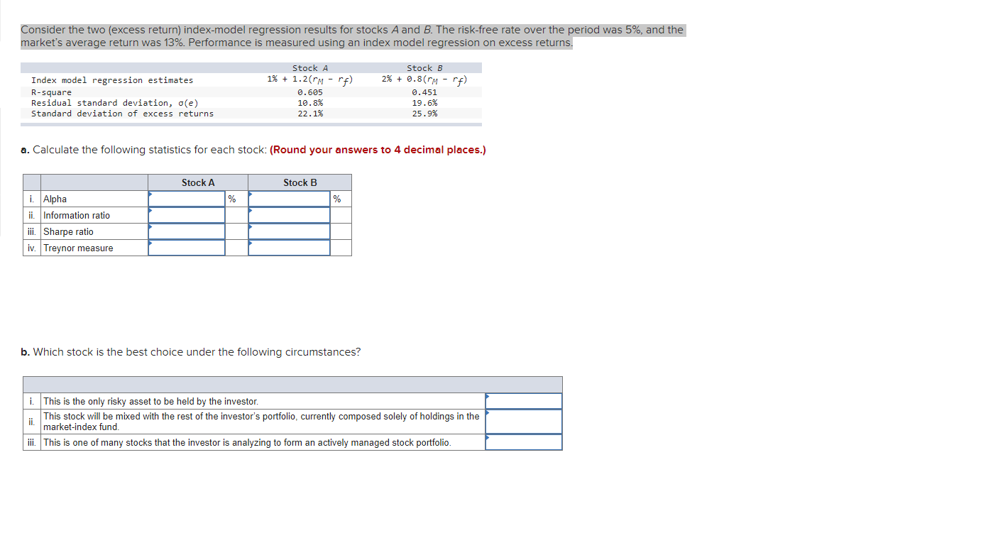 Consider the two (excess return) index-model regression results for stocks A