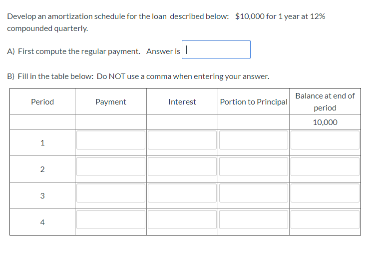  Develop an amortization schedule for the loan described below: $10,000 for