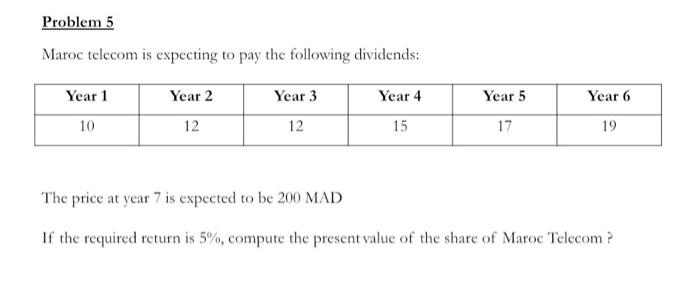  Problem 5 Maroc telecom is expecting to pay the following dividends: