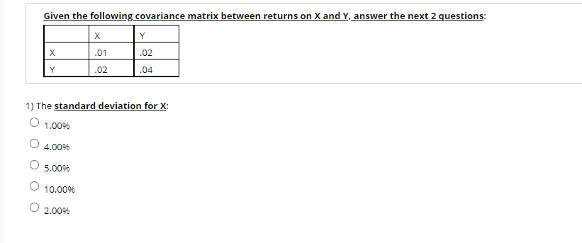 Given the following covariance matrix between returns on X and Y.