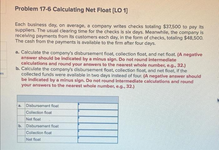  Problem 17-6 Calculating Net Float [LO 1] Each business day, on