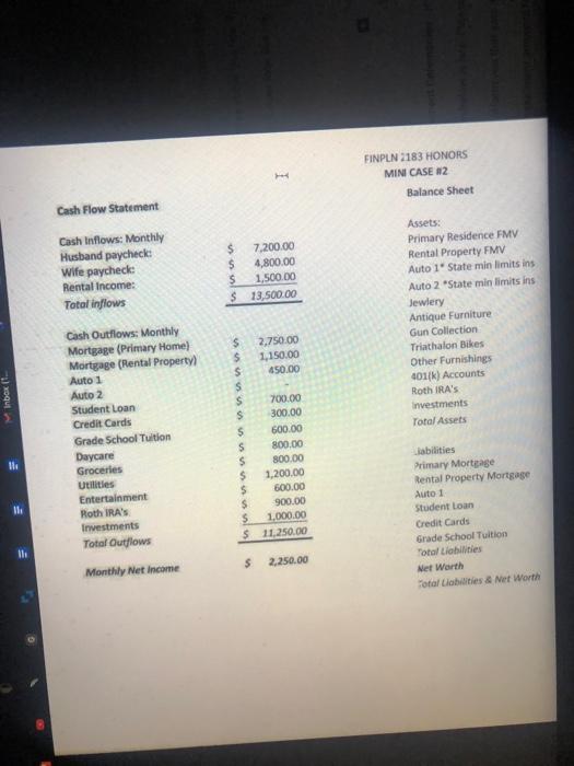 cash flow statement and balance sheet for the Johnsons to reflect their