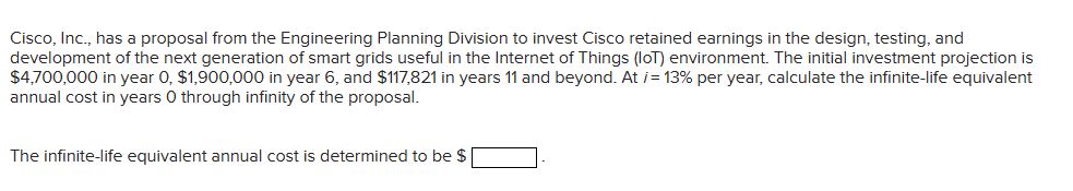  Cisco, Inc., has a proposal from the Engineering Planning Division to