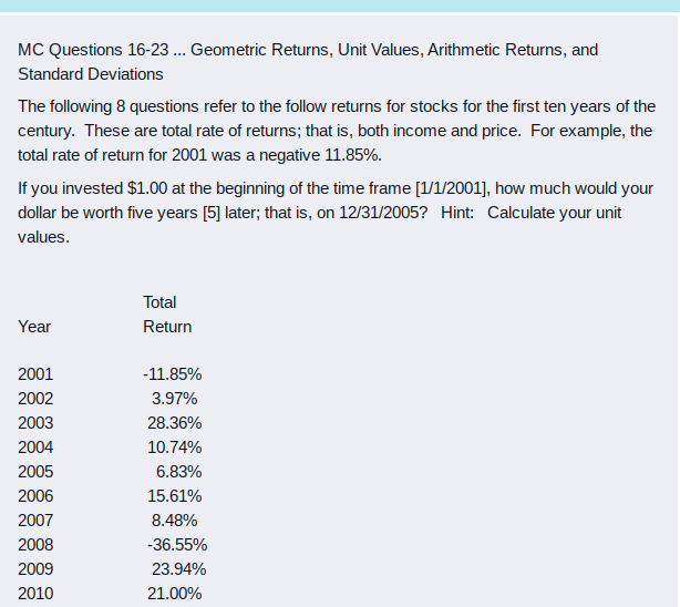  MC Questions 16-23 ... Geometric Returns, Unit Values, Arithmetic Returns, and