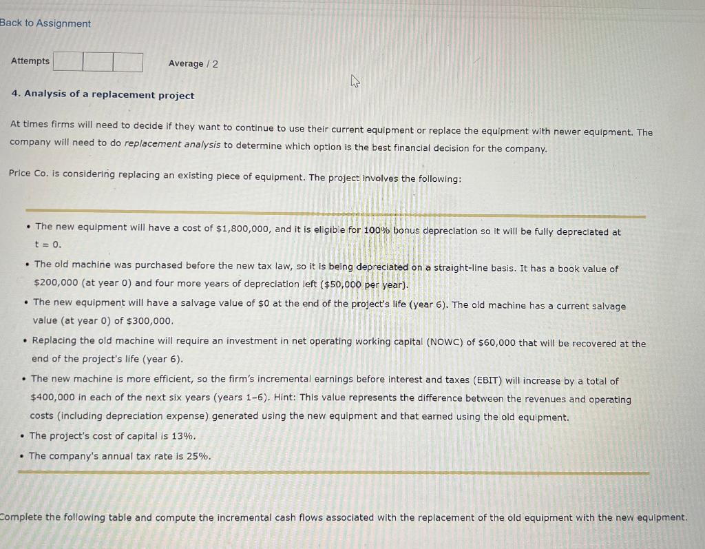 Back to Assignment Attempts Average/2 4. Analysis of a replacement project