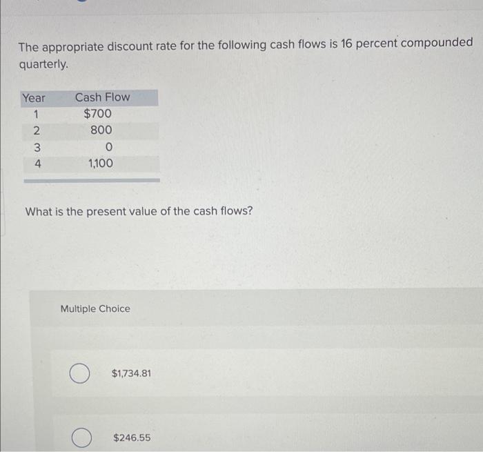 Needs Help :) The appropriate discount rate for the following cash flows