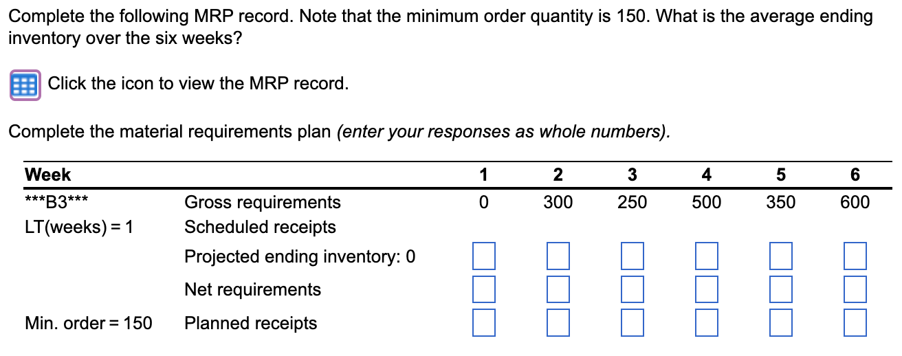 Complete the following MRP record. Note that the minimum order quantity