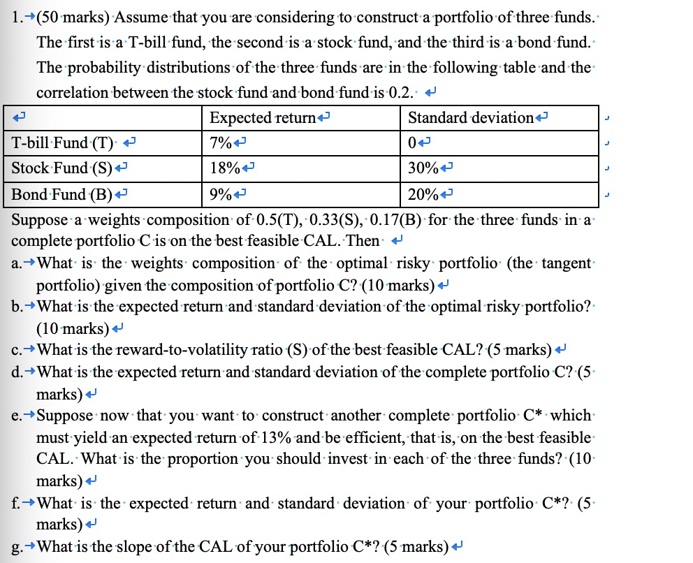  1.-(50 marks) Assume that you are considering to construct a portfolio