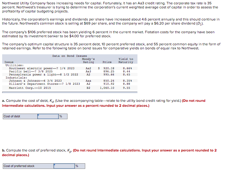  Northwest Utility Company faces increasing needs for capital. Fortunately, it has