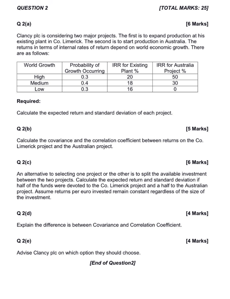  QUESTION 2 [TOTAL MARKS: 25) Q 2(a) [6 Marks] Clancy plc