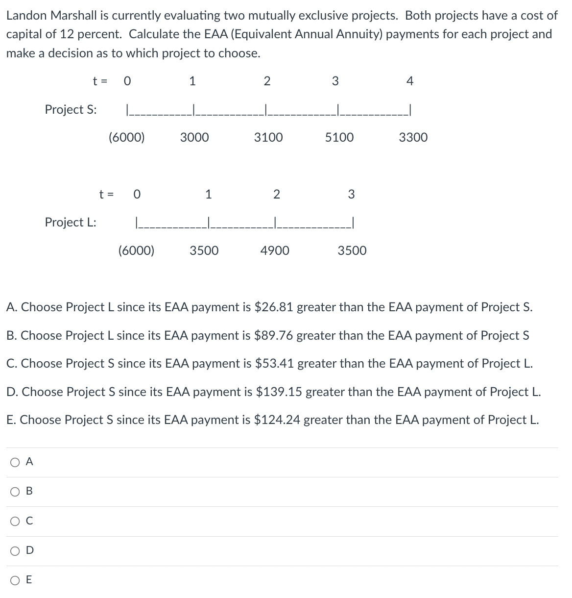  Landon Marshall is currently evaluating two mutually exclusive projects. Both projects