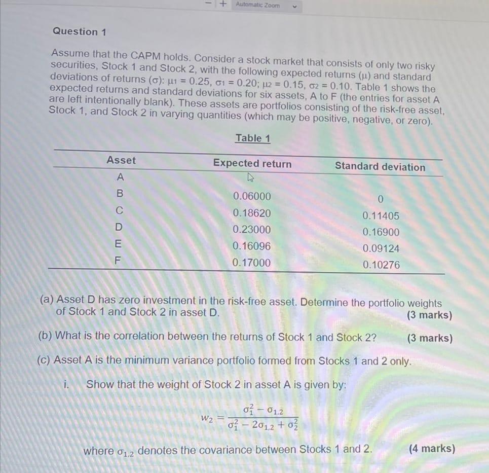  + Automatic Zoom Question 1 Assume that the CAPM holds. Consider