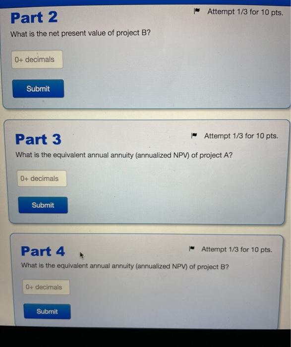 projects. The (after-tax) free cash flow for each project and year is