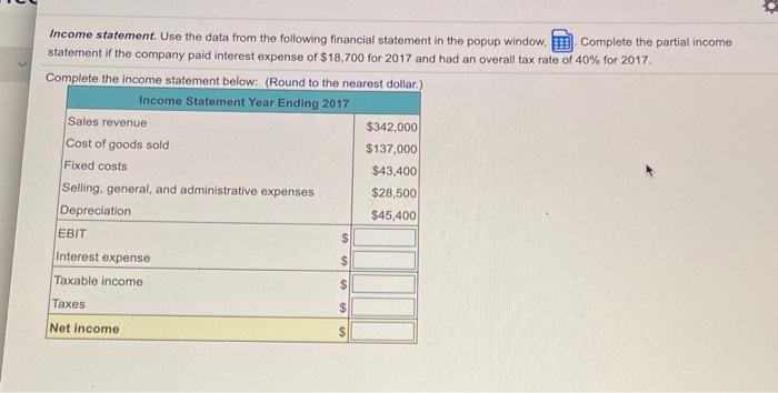  Income statement. Use the data from the following financial statement in