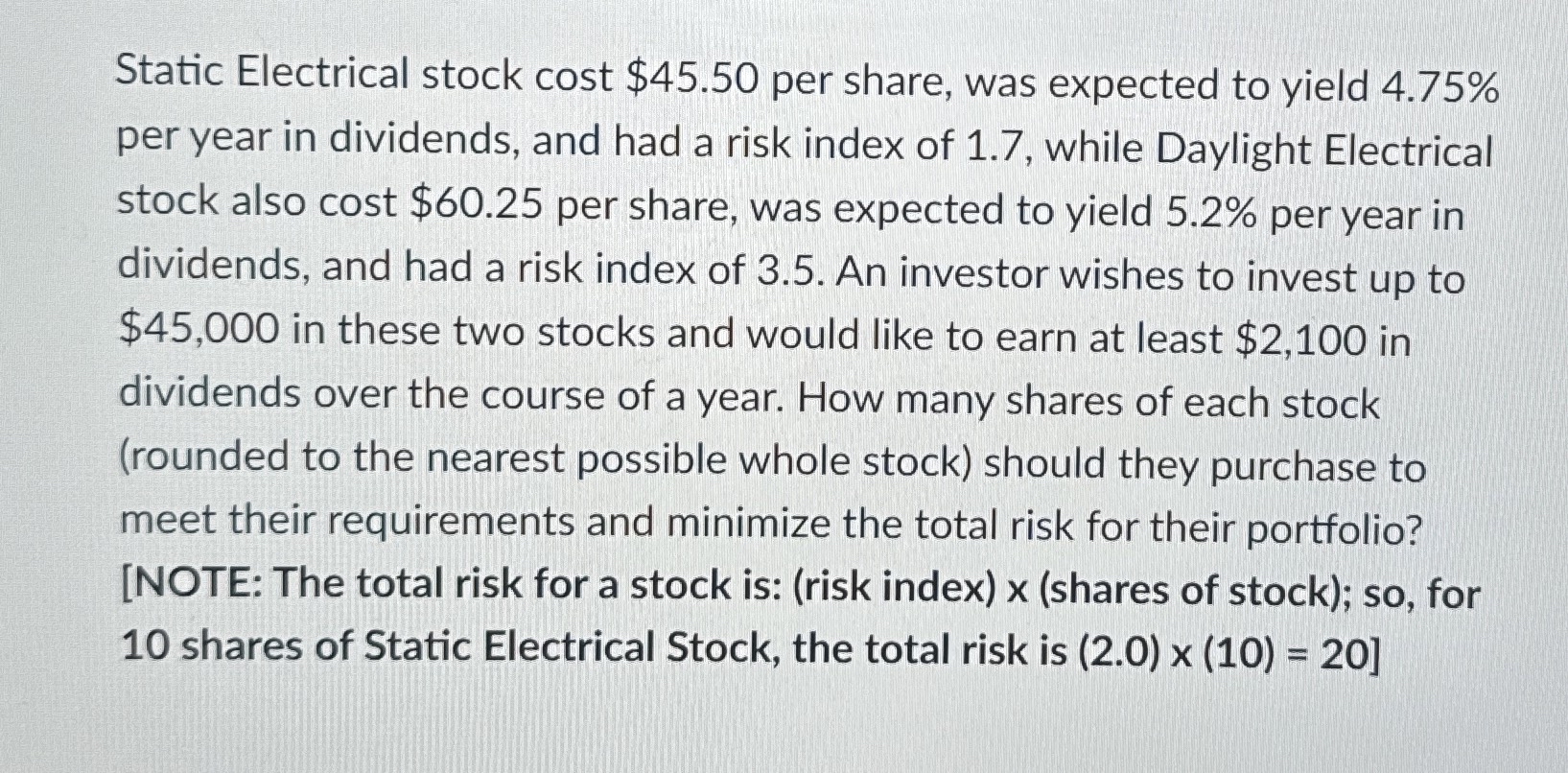  Static Electrical stock cost $45.50 per share, was expected to yield