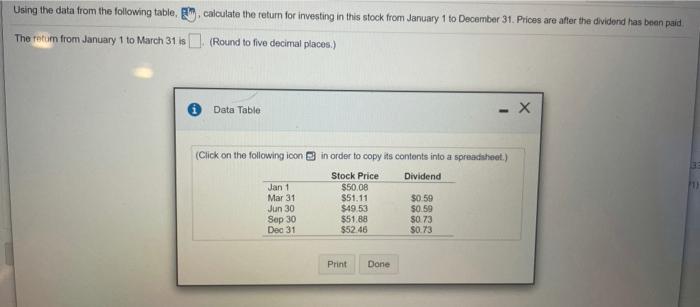  Using the data from the following table, calculate the return for