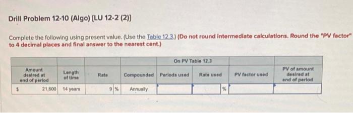 Complete the following using present value. (Use the Table provided.) (Do not