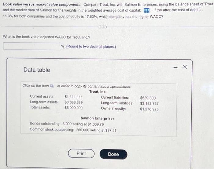  Book value versus market value components. Compare Trout, Inc. with Salmon