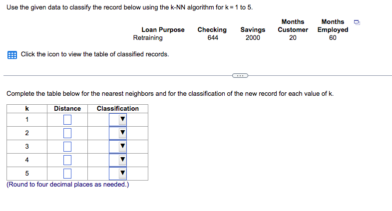  Use the given data to classify the record below using the