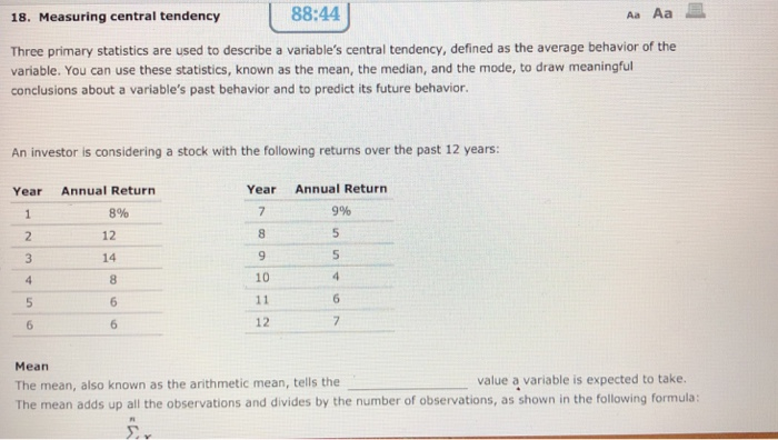  Aa Aa 88:44 18. Measuring central tendency Three primary statistics are