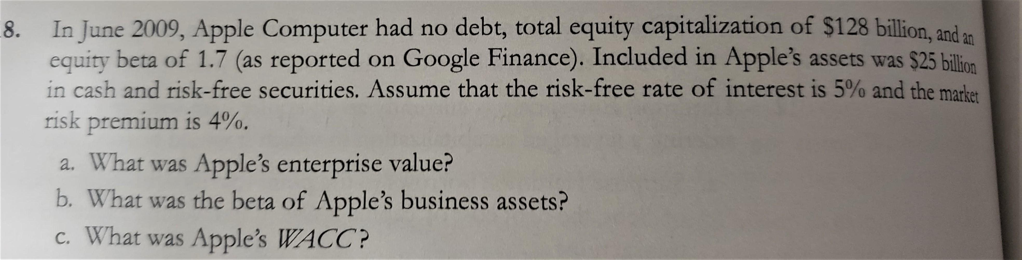  8. In June 2009, Apple Computer had no debt, total equity