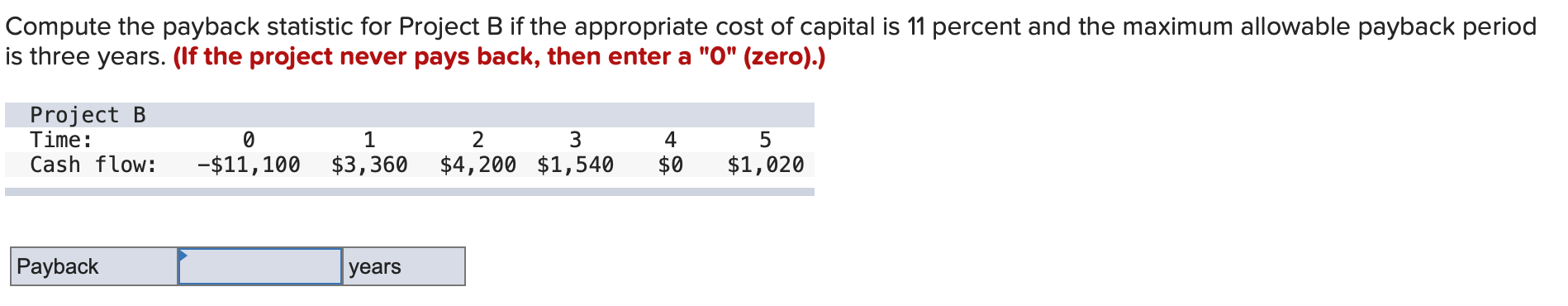 Compute the payback statistic for Project B if the appropriate cost