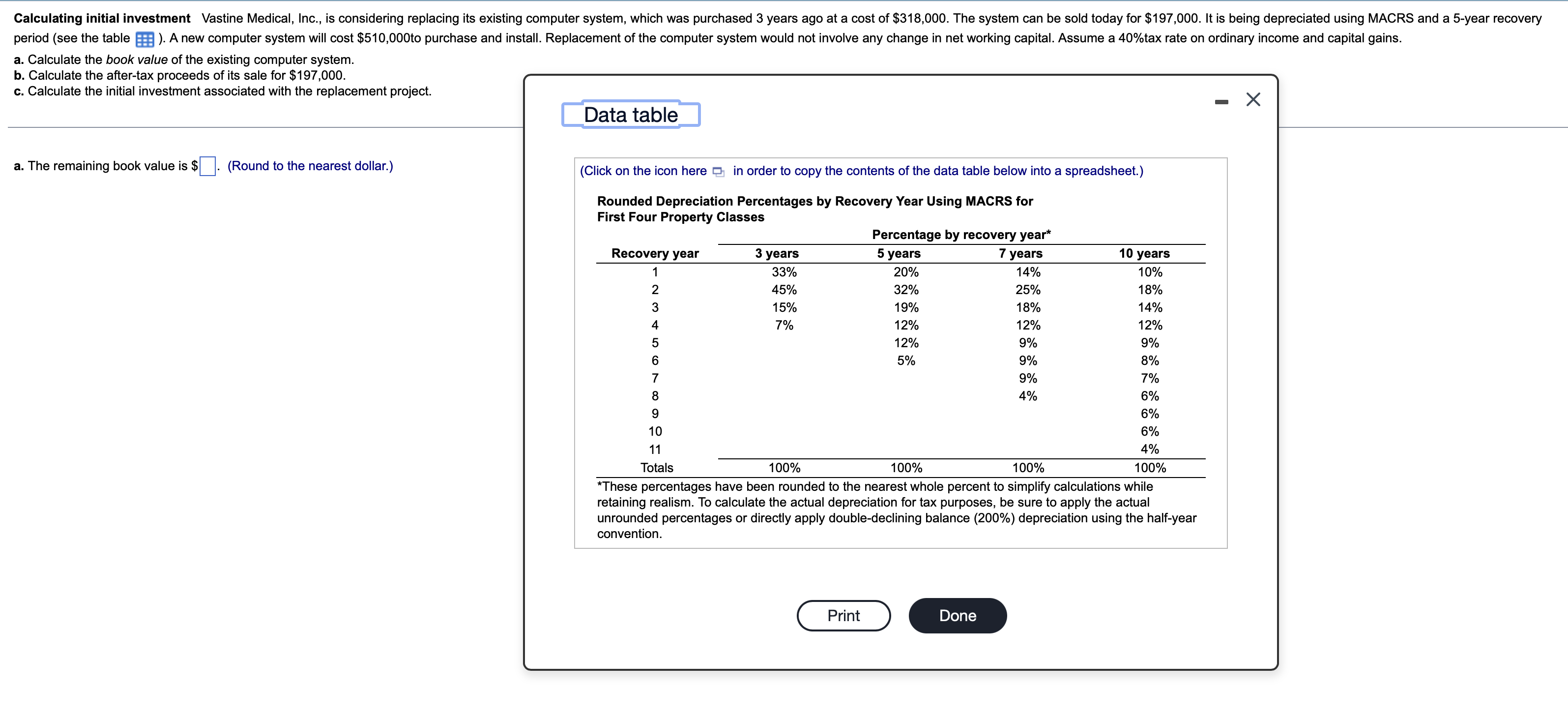 a. The remaining book value is $. (Round to the nearest