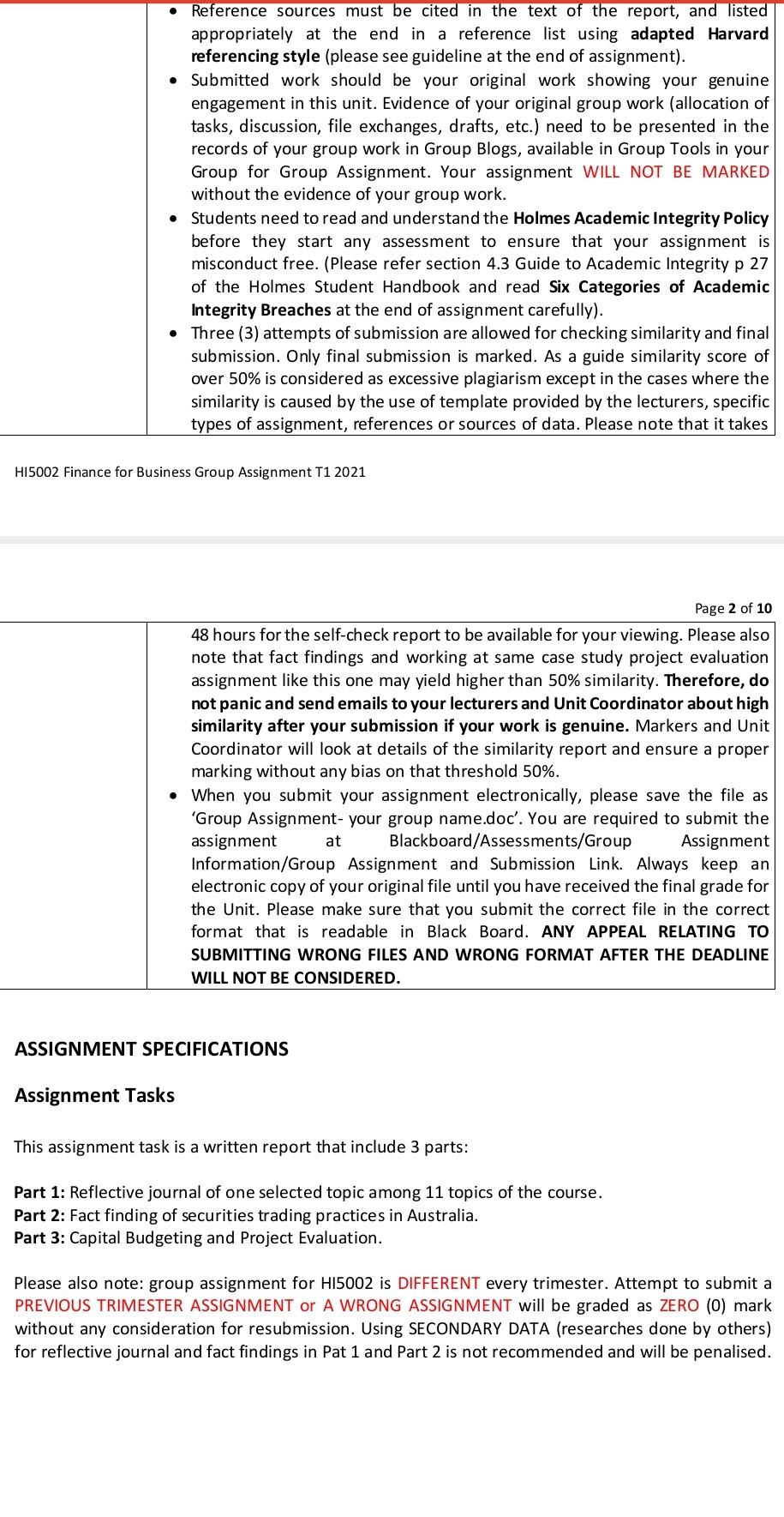 Unit Title Finance for Business Assessment Type Group Assignment Assessment Title Reflective