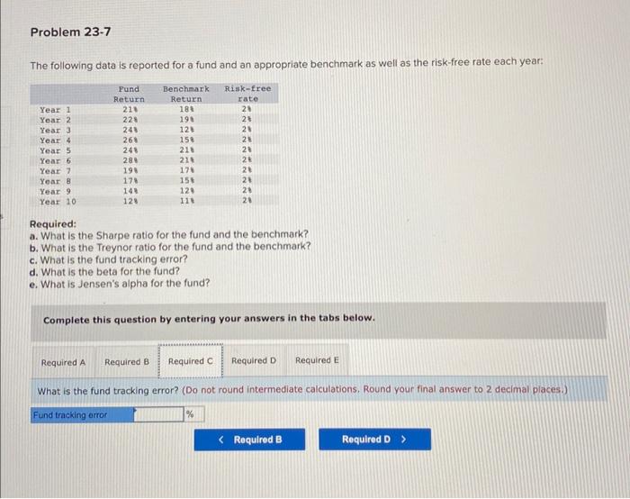 risk-free rate each year: Required: a. What is the Sharpe ratio for
