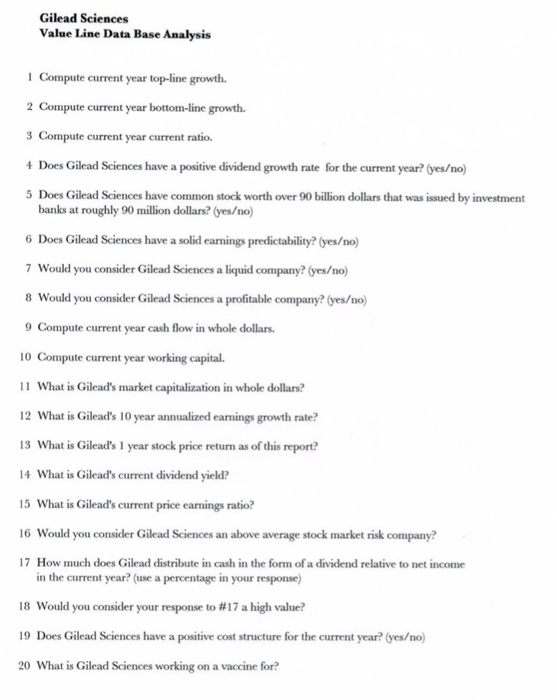  Gilead Sciences Value Line Data Base Analysis i Compute current year