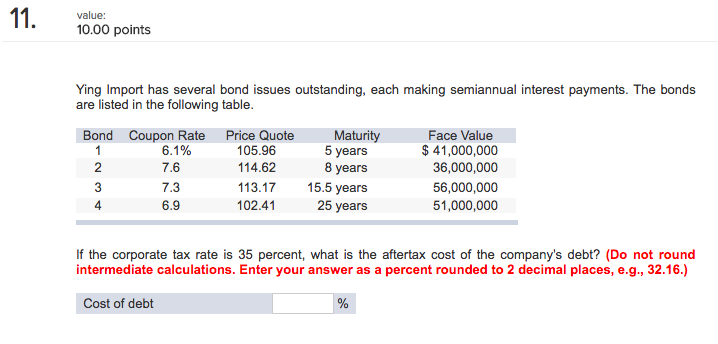  value: 10.00 points Ying Import has several bond issues outstanding, each