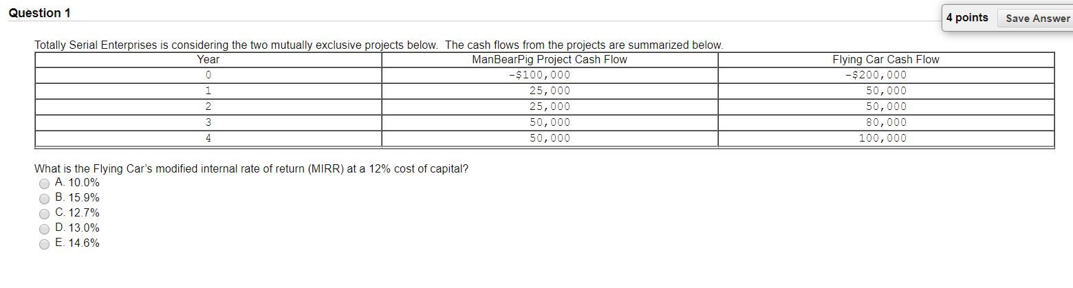  Question 1 4 points Save Answer Totally Serial Enterprises is considering