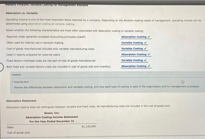  Mastery Problem: variable Costing for Management Analysis Absorption vs. Variable Operating