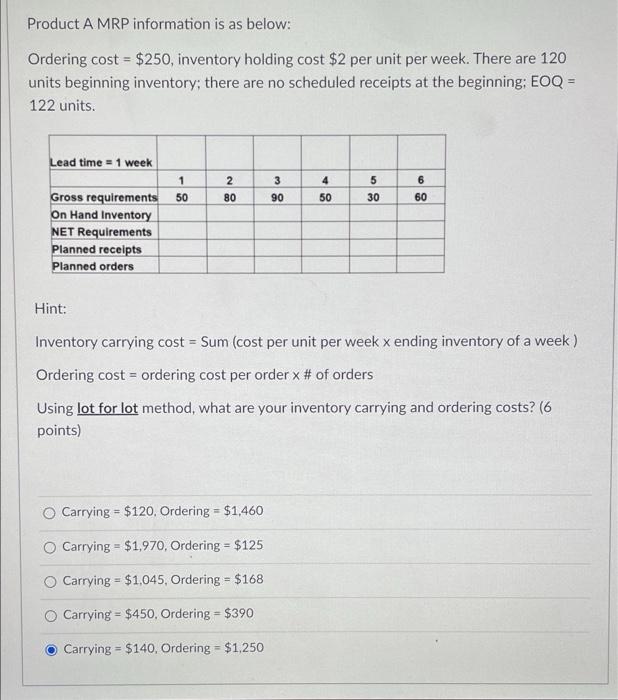  Product A MRP information is as below: Ordering cost = $250,