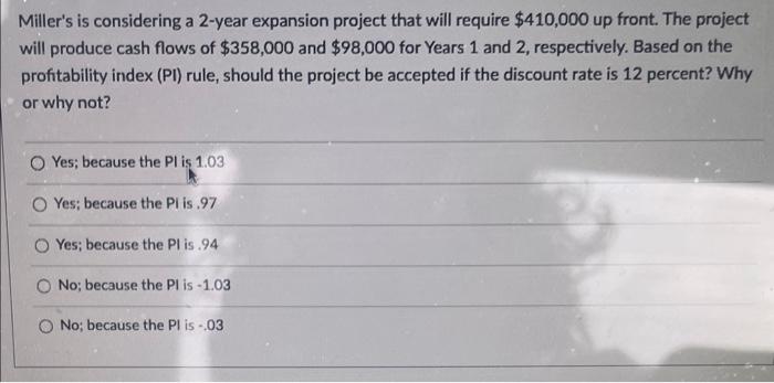  Miller's is considering a 2-year expansion project that will require $410,000