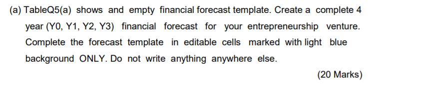 template. Create a complete 4 year (YO, Y1, Y2, Y3) financial forecast