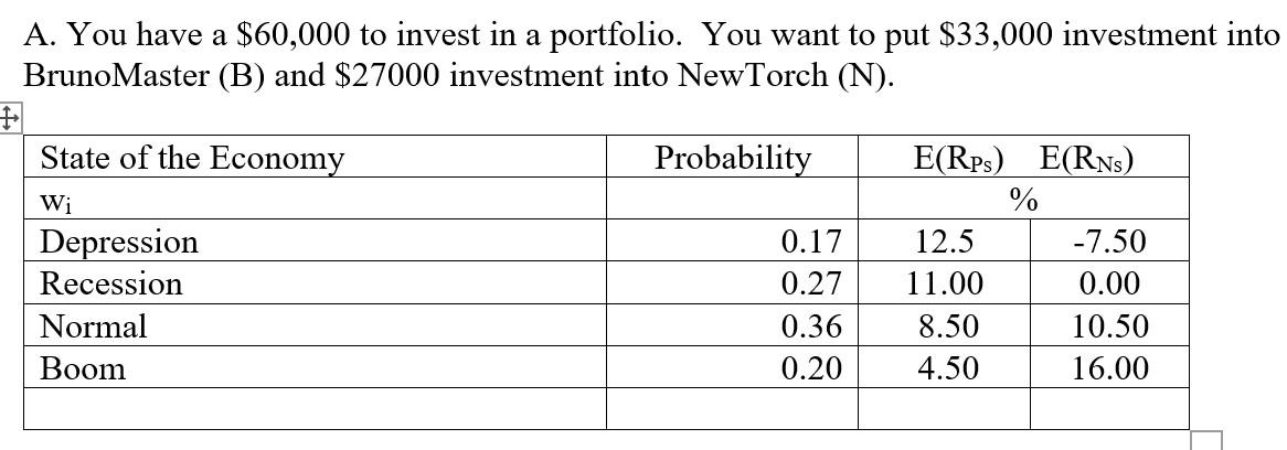 a. Calculate the i.) expected return on BrunoMaster, E(RB). ii.) expected return