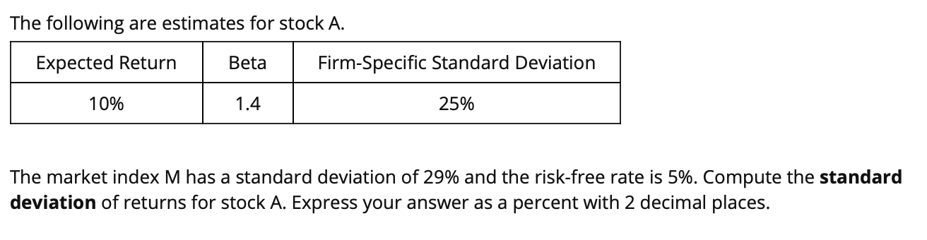  The following are estimates for stock A. Expected Return Beta Firm-Specific
