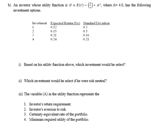  b) An investor whose utility function is U = E()- o,