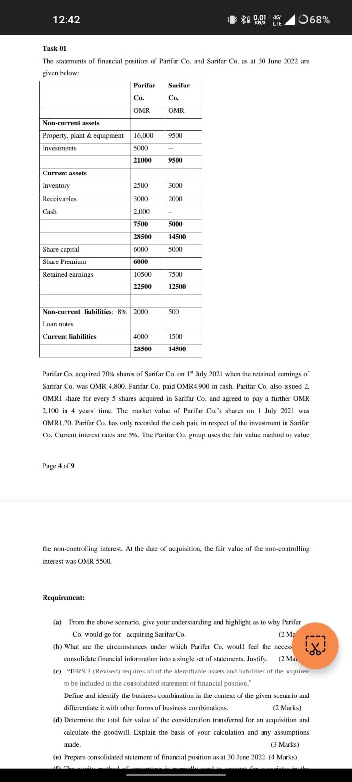 just E part krna ha Finance Task 01 The statements of financial