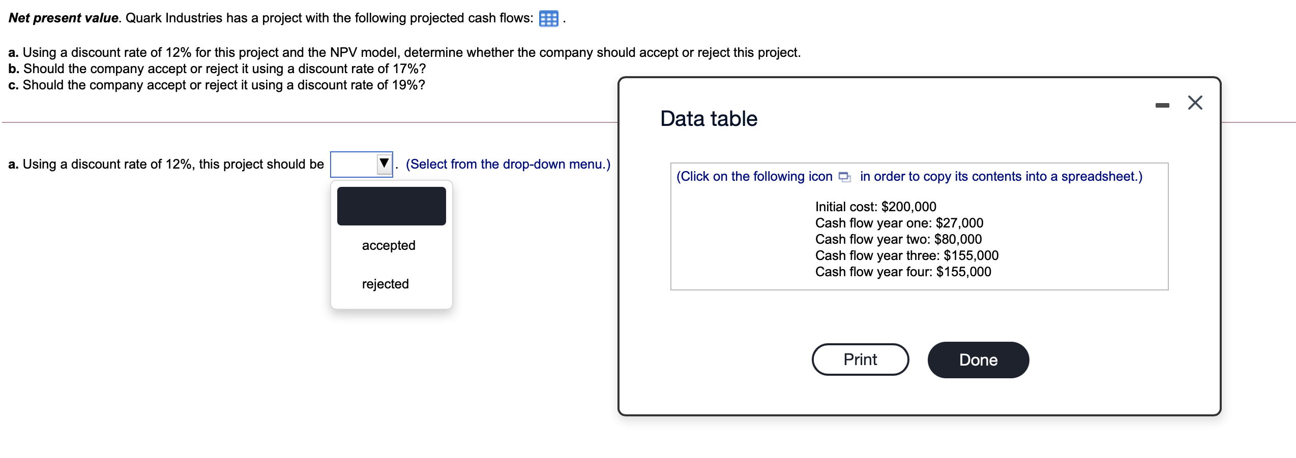  Net present value. Quark Industries has a project with the following