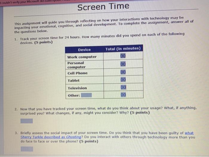  couldn't verify yout Microsoft 365 sul Screen Time This assignment will