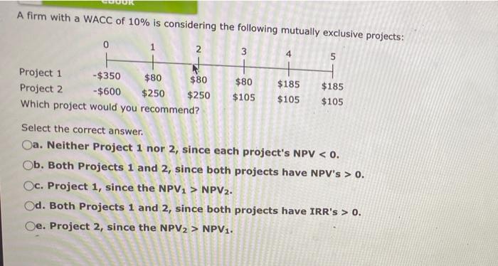 please answer need help A firm with a WACC of 10% is