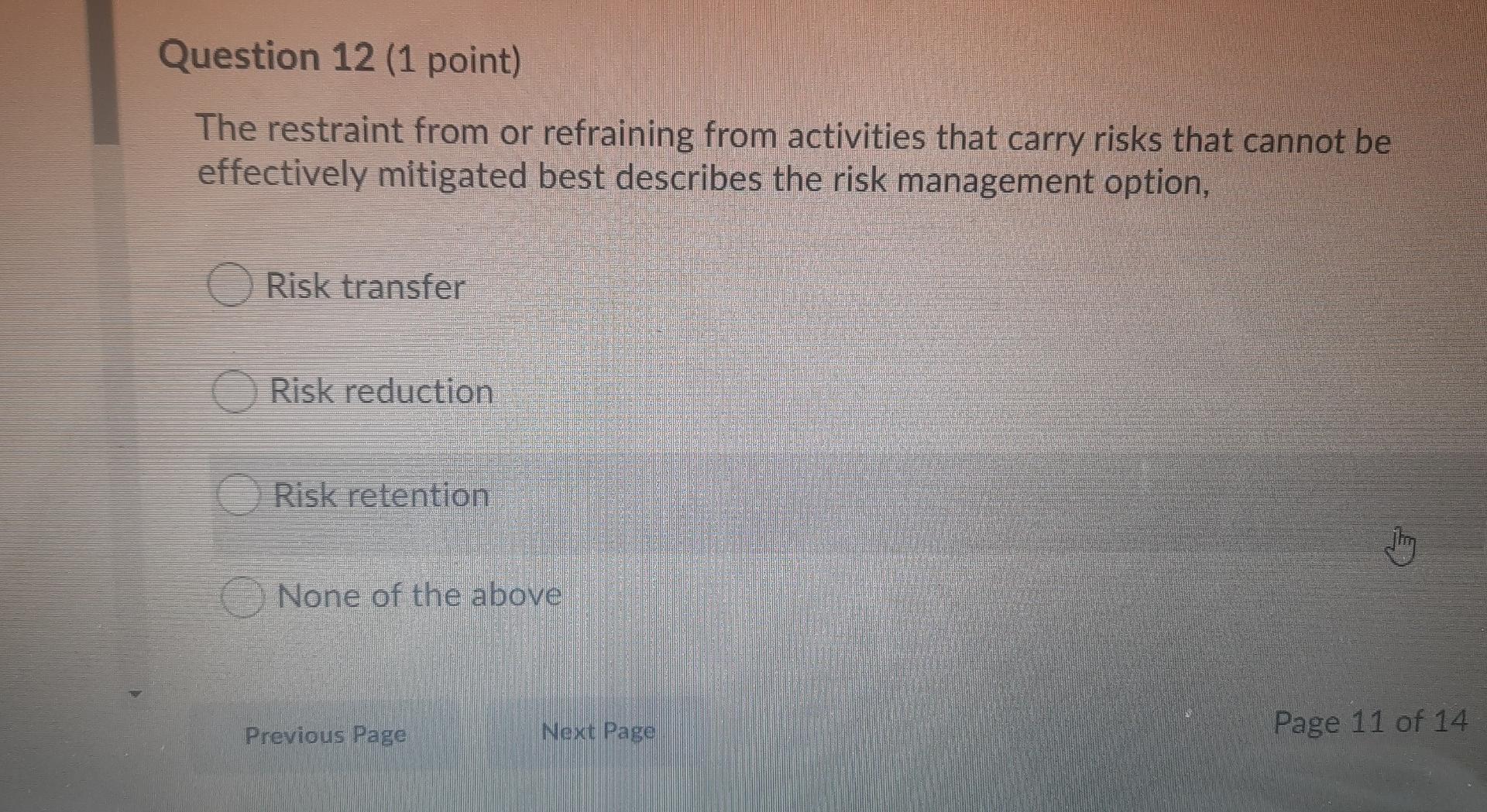 Question 12 (1 point) The restraint from or refraining from activities