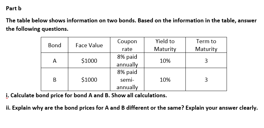  Part b The table below shows information on two bonds. Based