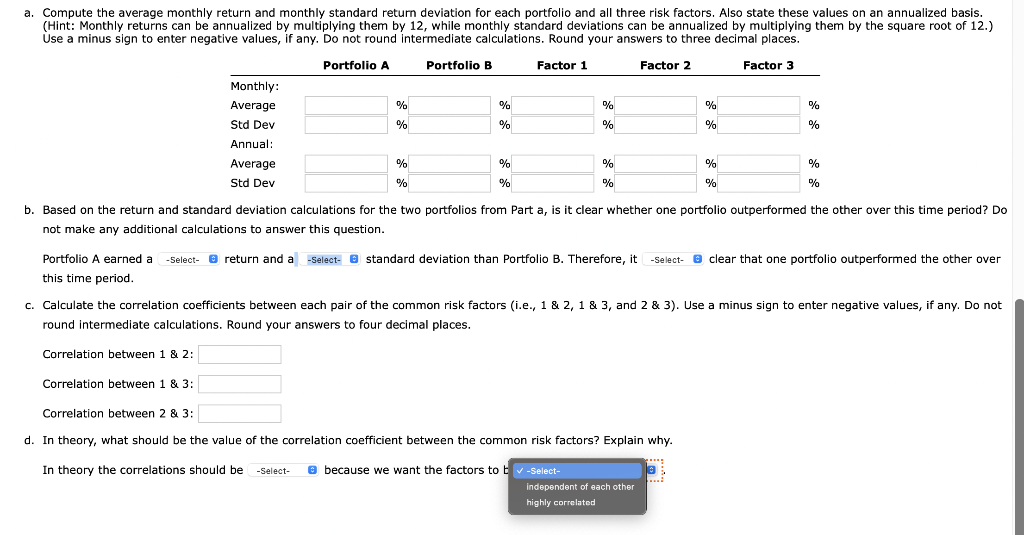 monthly return and monthly standard return deviation for each portfolio and all