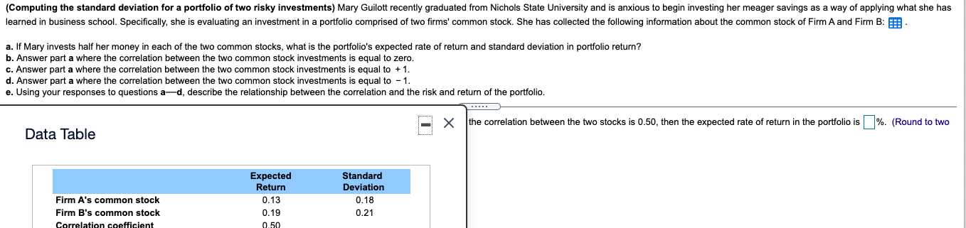  (Computing the standard deviation for a portfolio of two risky investments)