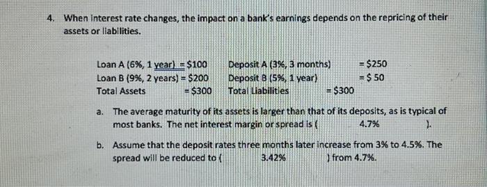 no excel 4. When Interest rate changes, the impact on a bank's