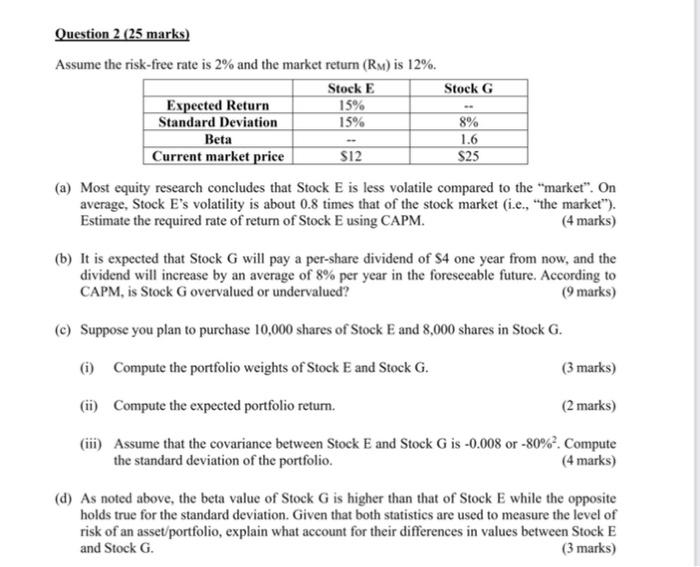 please answer Question D** Question 2 (25 marks) Assume the risk-free rate